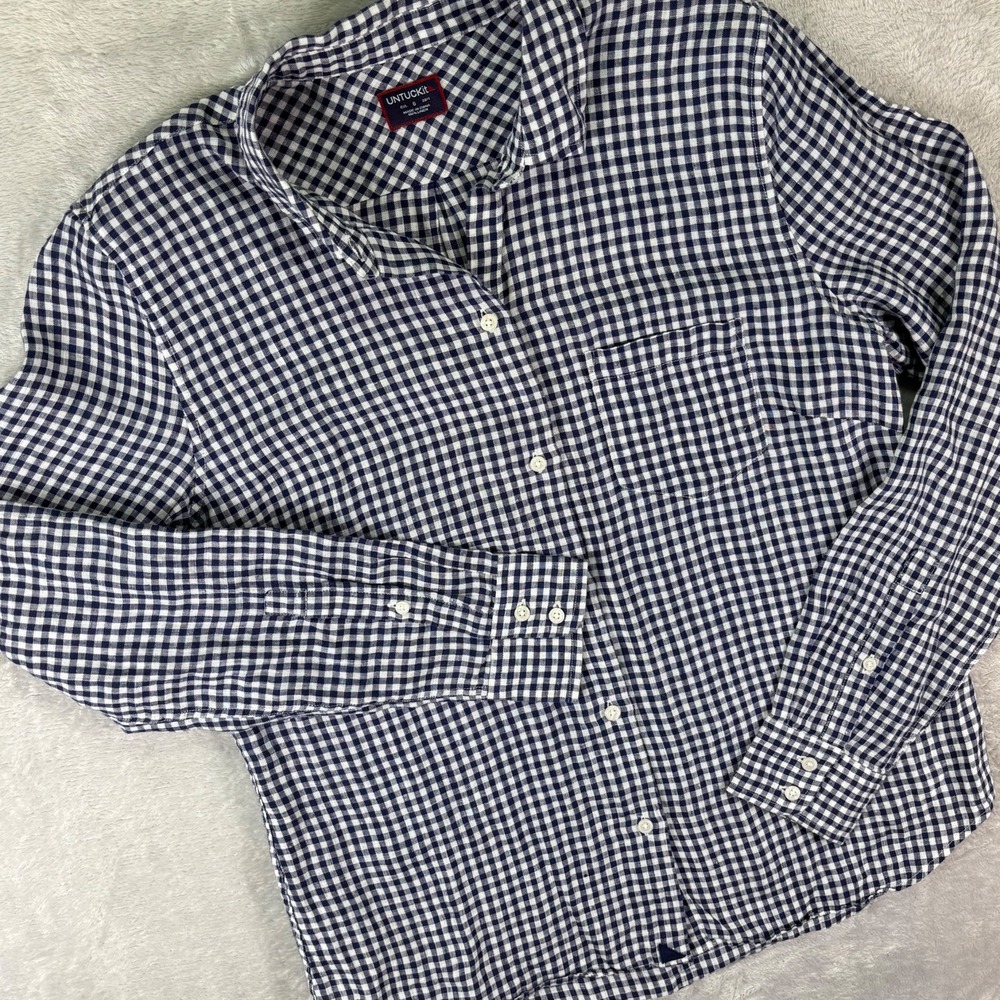 Untuckit Women's Button‎ Down Shirt Size 6 Navy Gingham Check Linen Long Sleeve